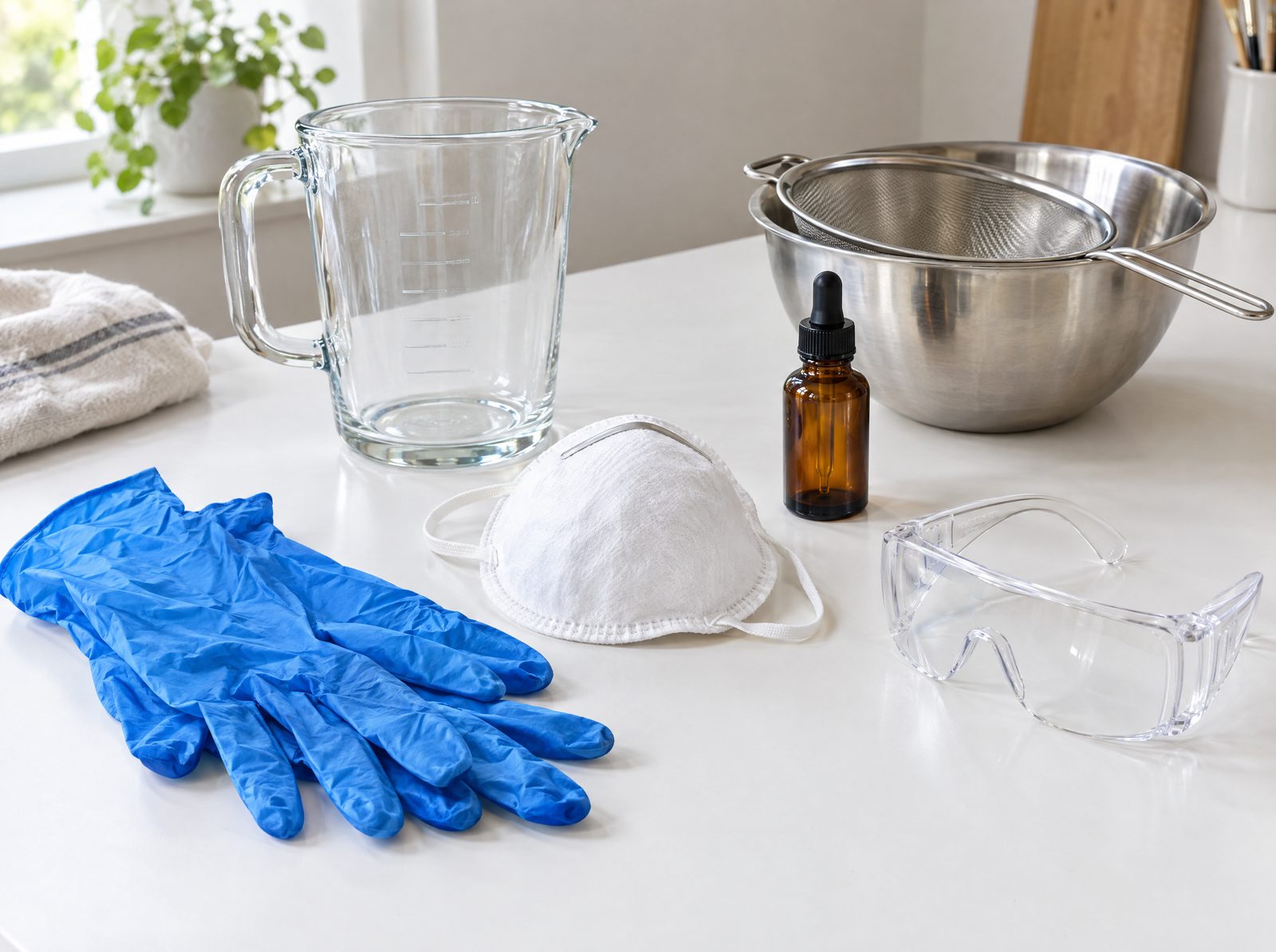 safety gear: nitrile gloves, dust mask, glasses, jug and sieve