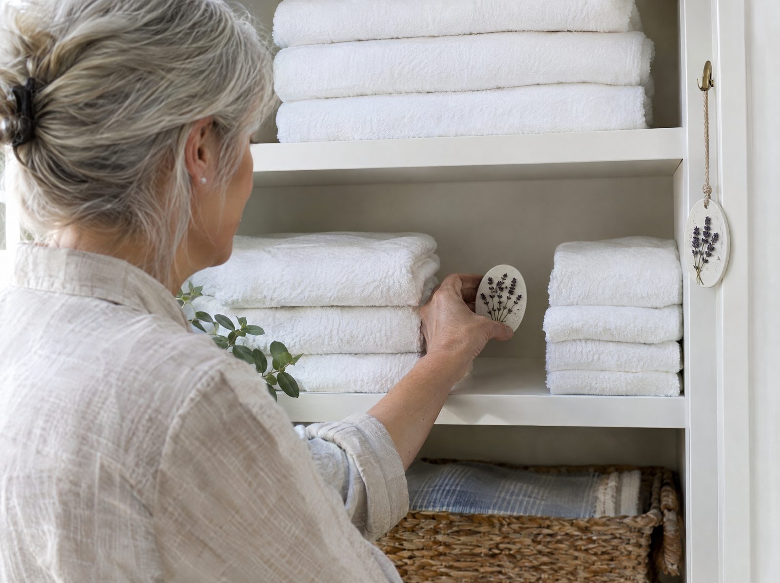 Placing a lavender stone in a linen closet