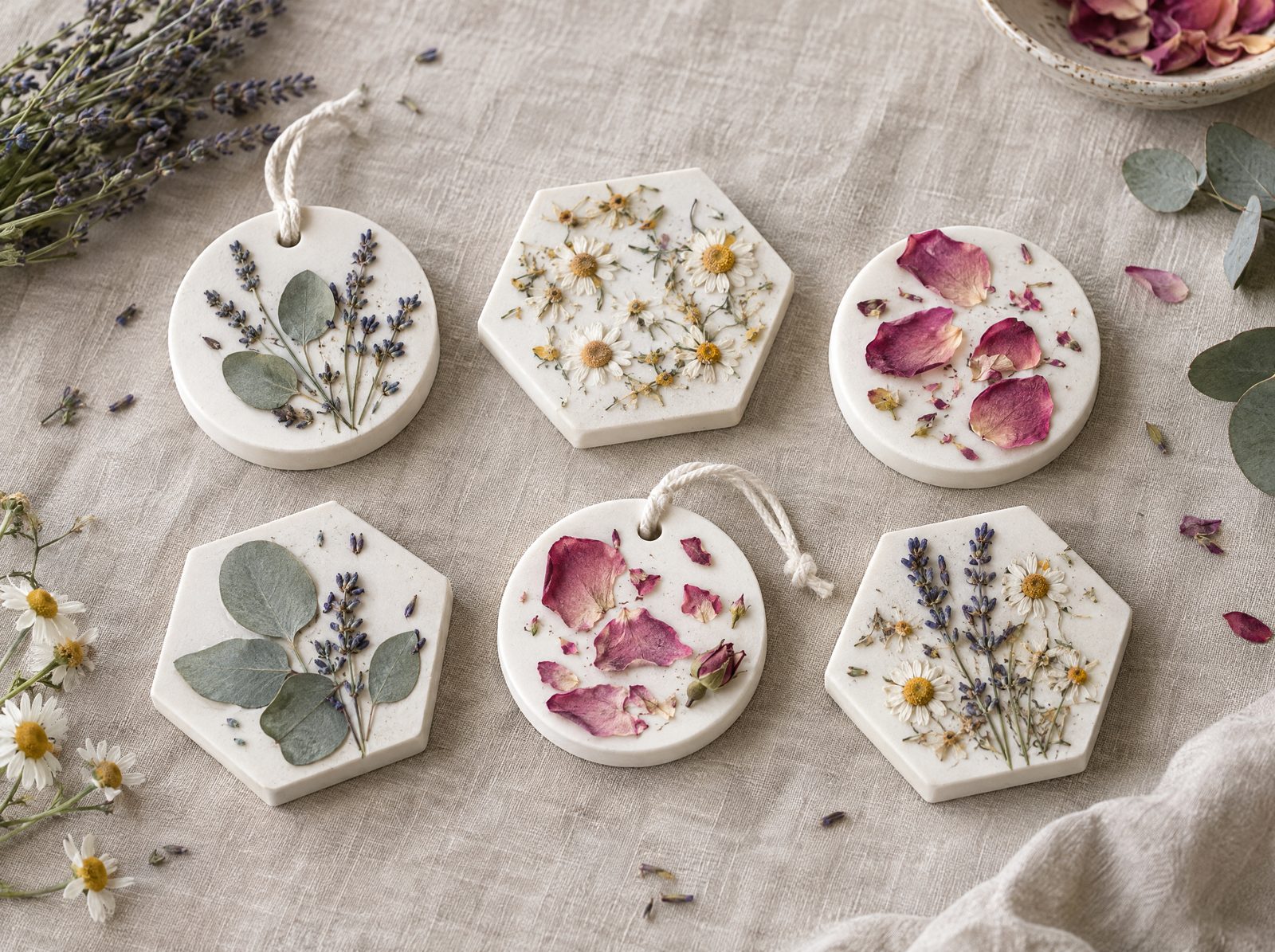 six finished plaster aroma stones with pressed flowers on linen