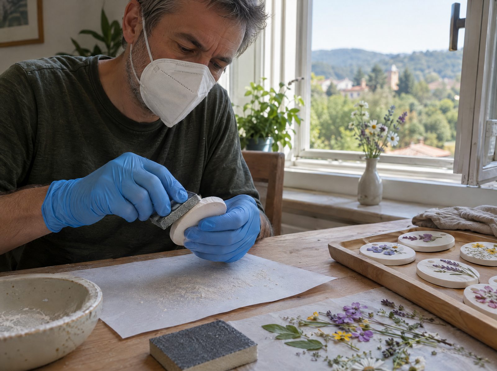 A maker in mask and gloves sanding a dry stone edge