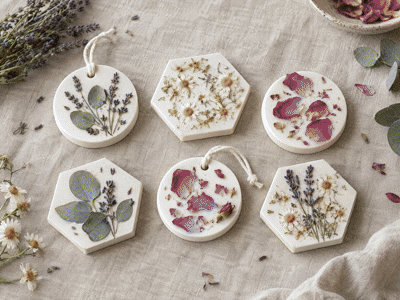 Four views of plaster stones, molds, protective gear and gift packaging